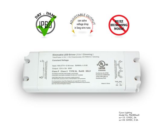 Power Supply, Dimmable Electronic 60W, Dry/Damp locations, Constant voltage DC output- Choose voltage